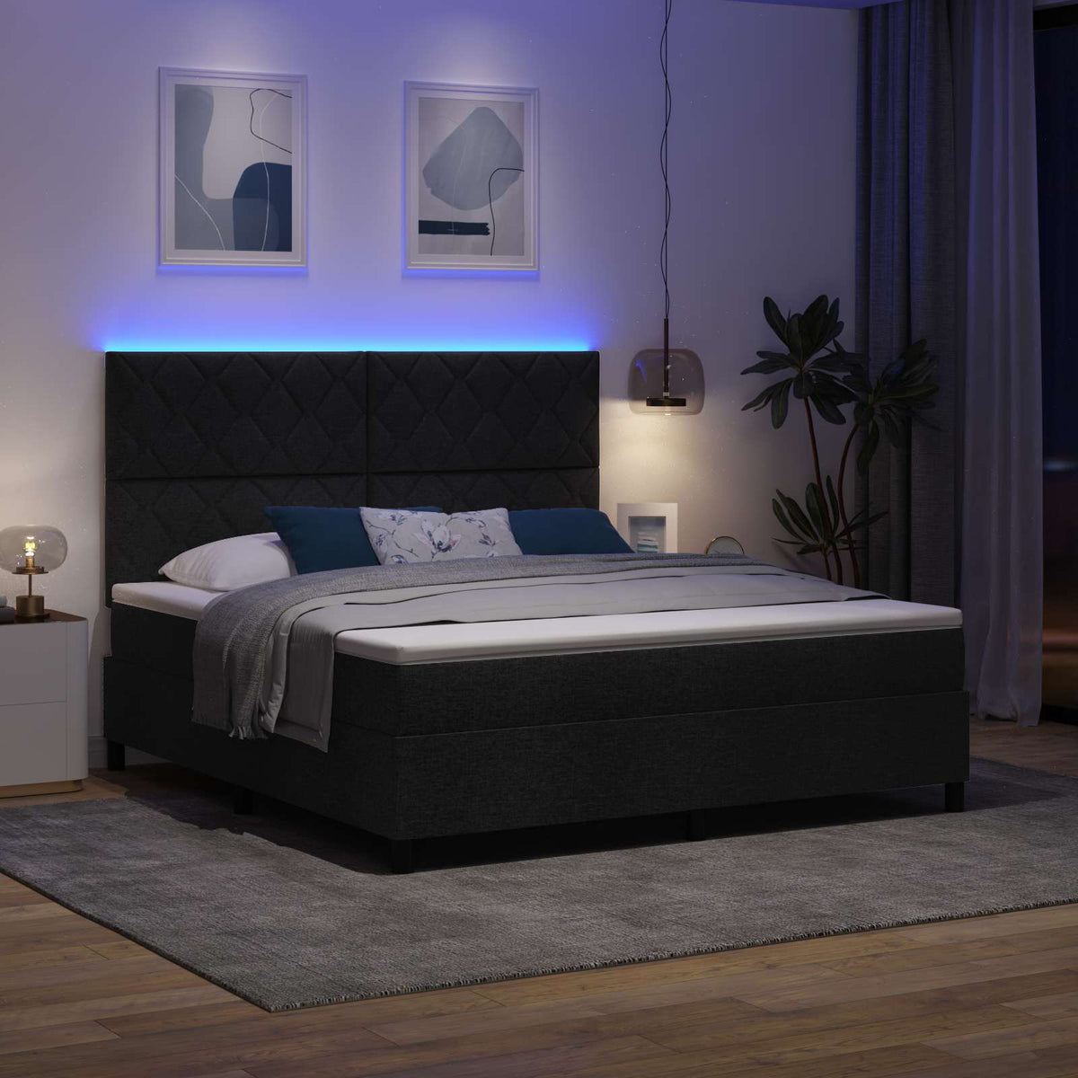 vidaXL Łóżko sprężynowe z paskami LED Czarny 180 x 200 cm tkanina