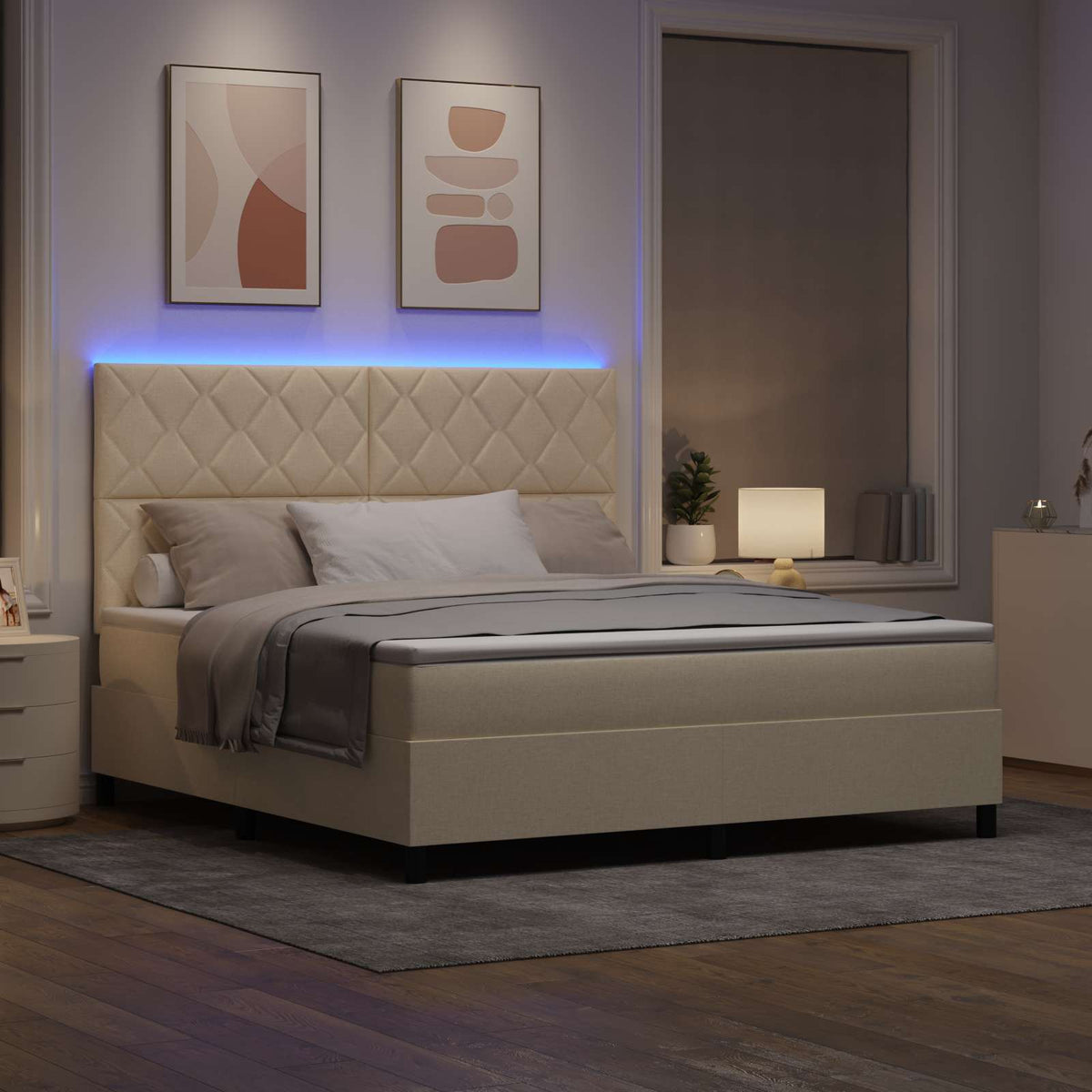 vidaXL Łóżko sprężynowe z paskami LED Kremowy 180 x 200 cm tkanina