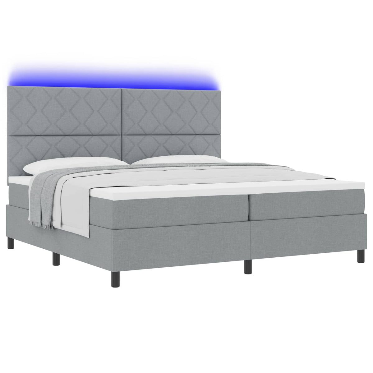 vidaXL Łóżko sprężynowe z paskami LED Jasnoszary 200 x 200 cm tkanina