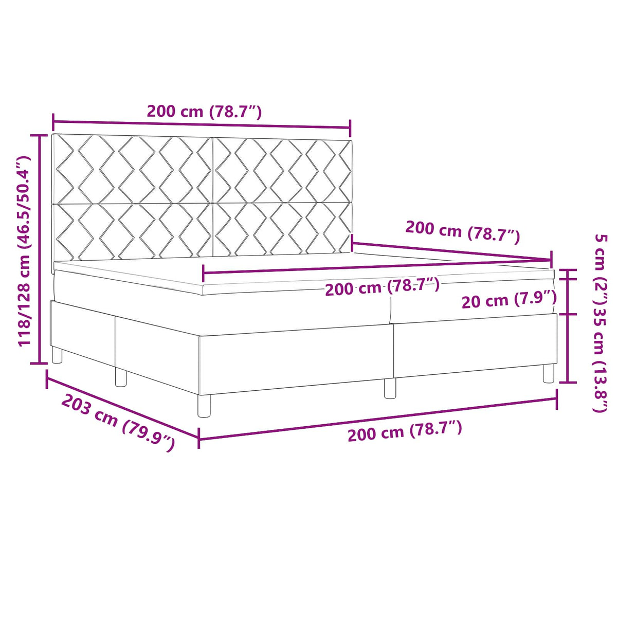 vidaXL Łóżko sprężynowe z paskami LED Jasnoszary 200 x 200 cm tkanina