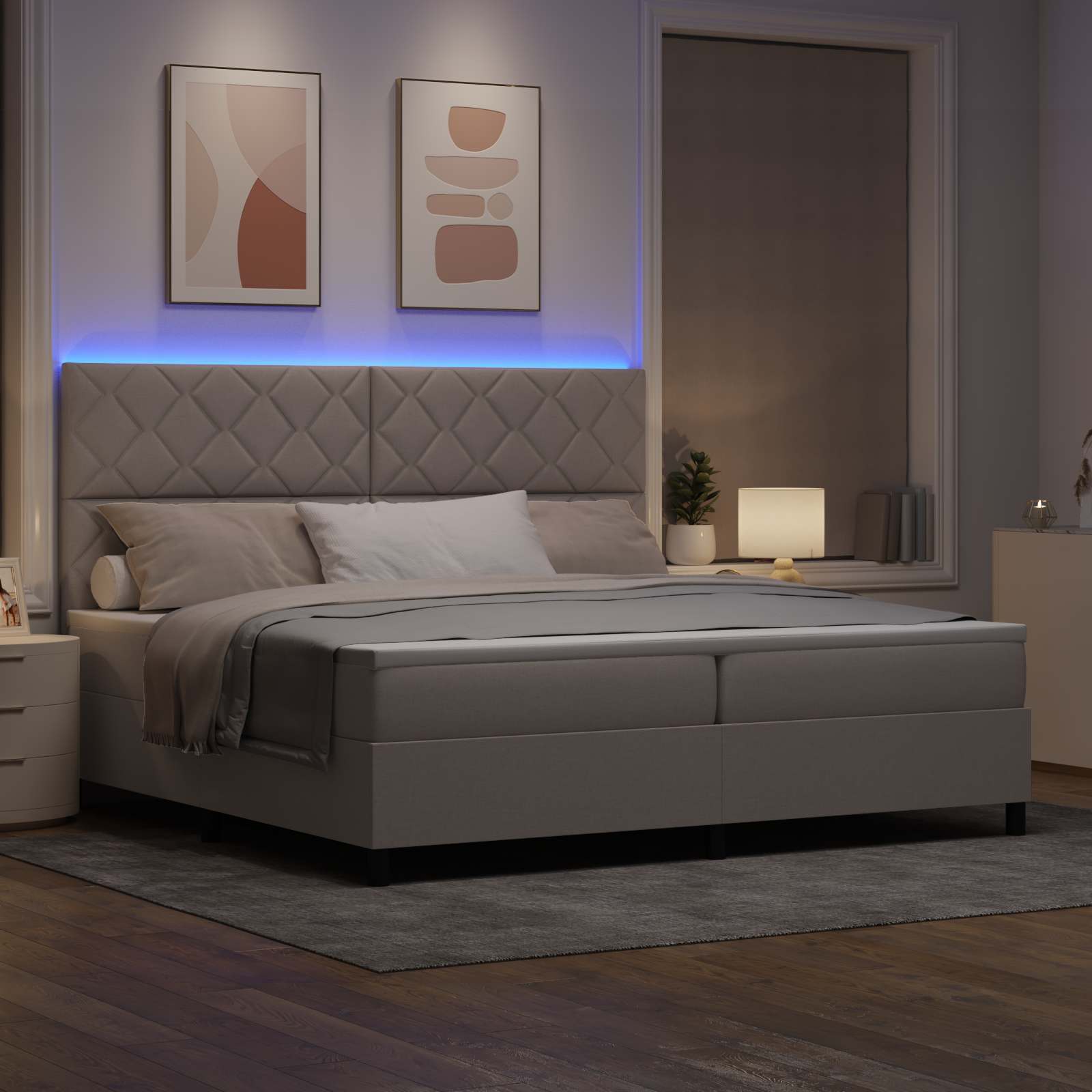 vidaXL Łóżko sprężynowe z paskami LED Ciemnoszary 200 x 200 cm tkanina