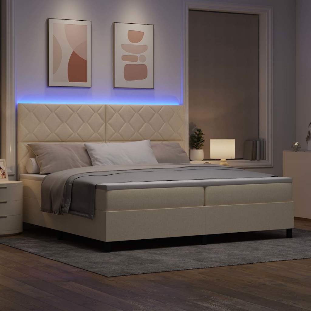 vidaXL Łóżko sprężynowe z materacem z LED Kremowy 200 x 200 cm tkanina