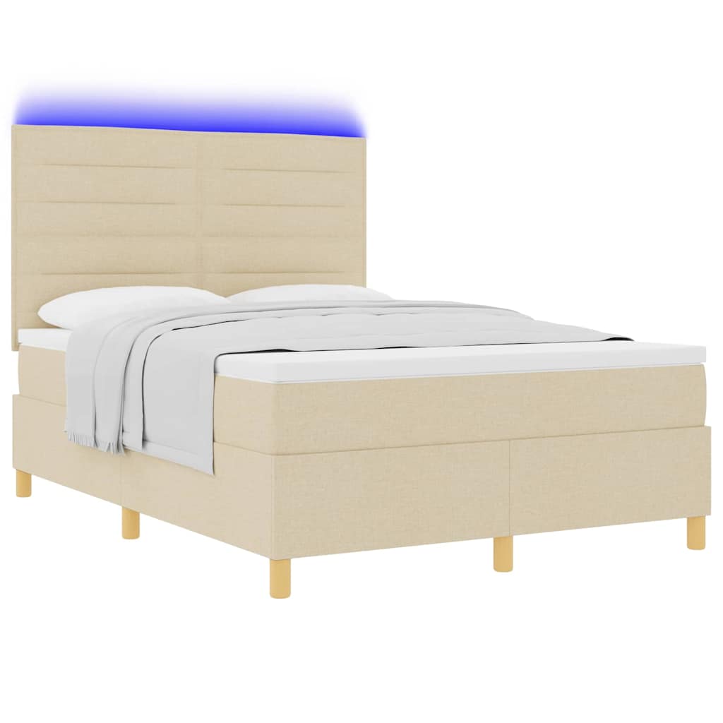 vidaXL Łóżko z sprężyną LED Z zagłówkiem Kremowy 140 x 190 cm tkanina