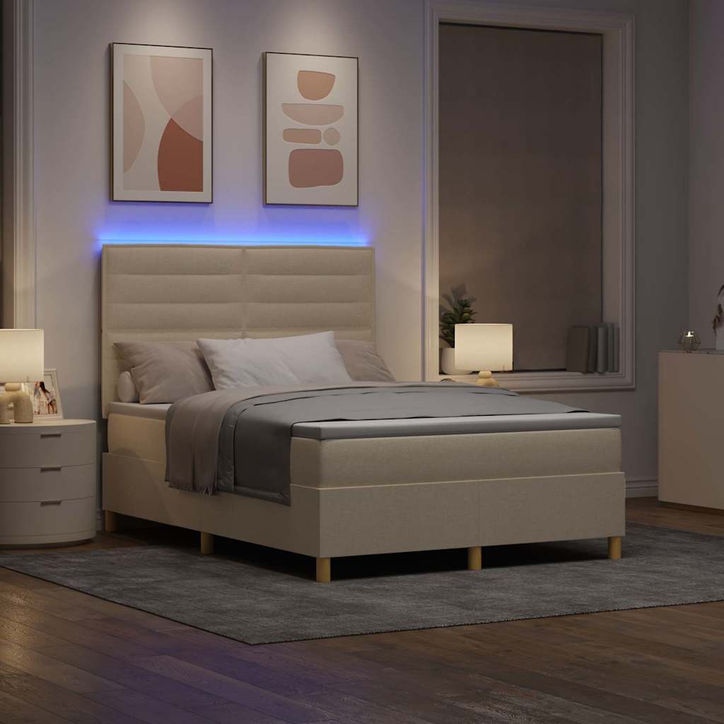 vidaXL Łóżko z sprężyną LED Z zagłówkiem Kremowy 140 x 200 cm tkanina