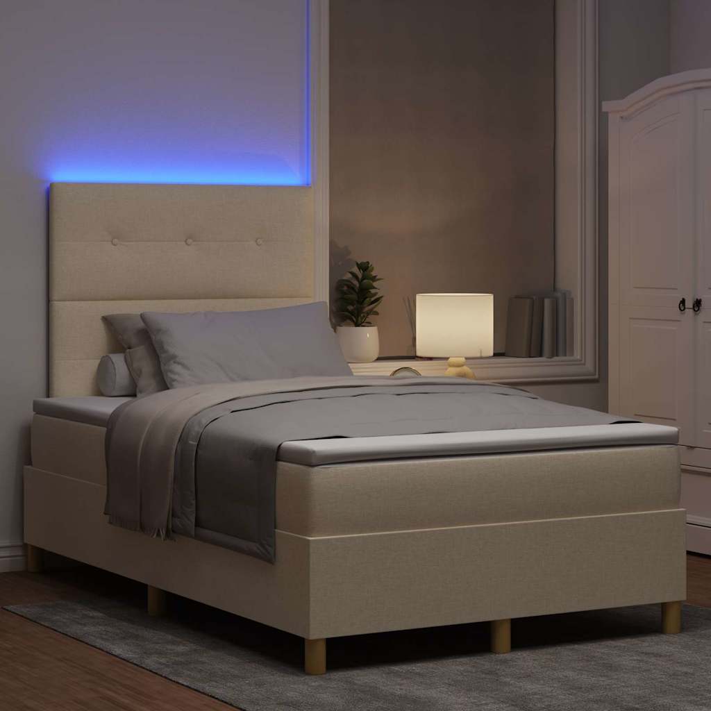 vidaXL Łóżko z sprężyną LED Z zagłówkiem Kremowy 120 x 200 cm tkanina