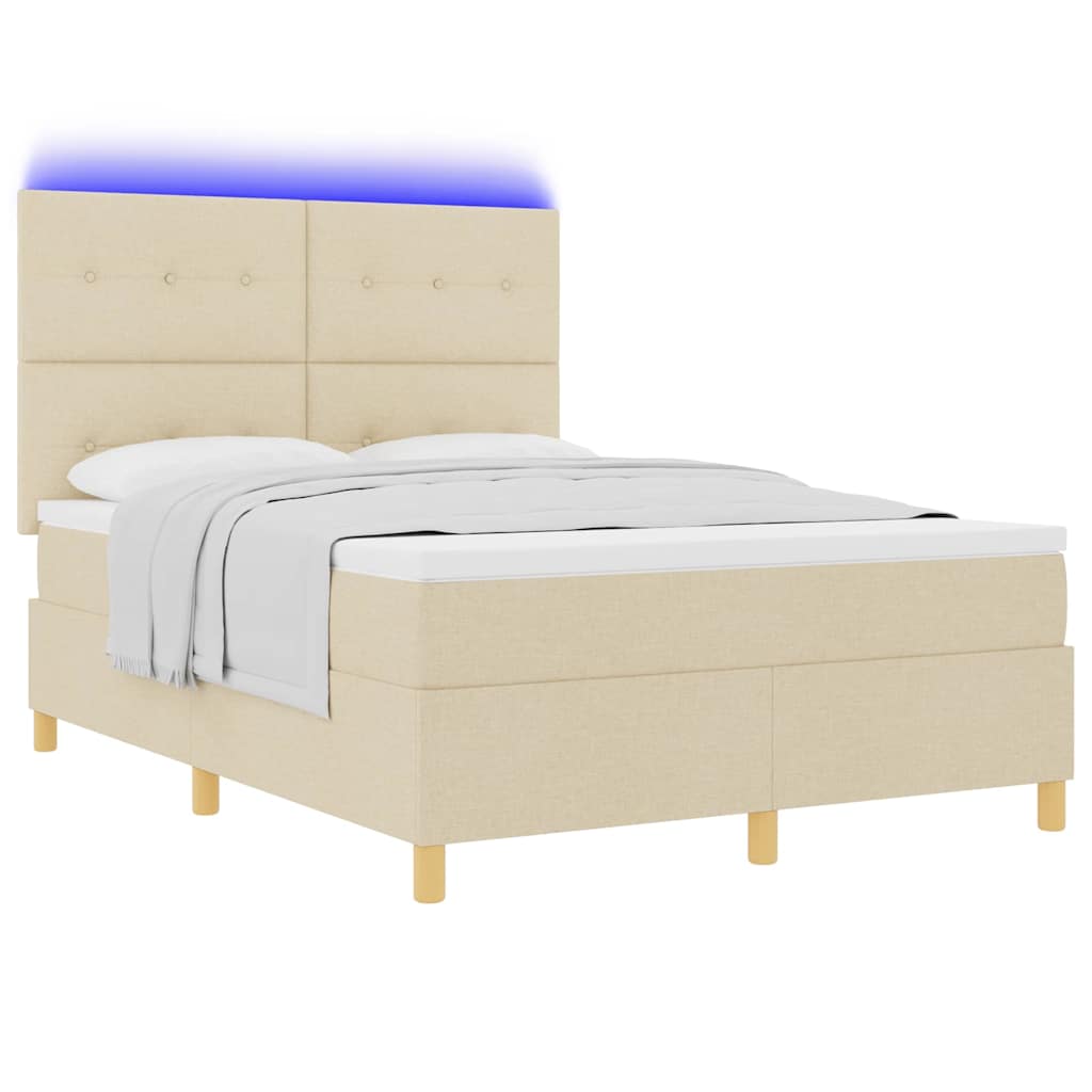vidaXL Łóżko z sprężyną LED Z zagłówkiem Kremowy 140 x 200 cm tkanina