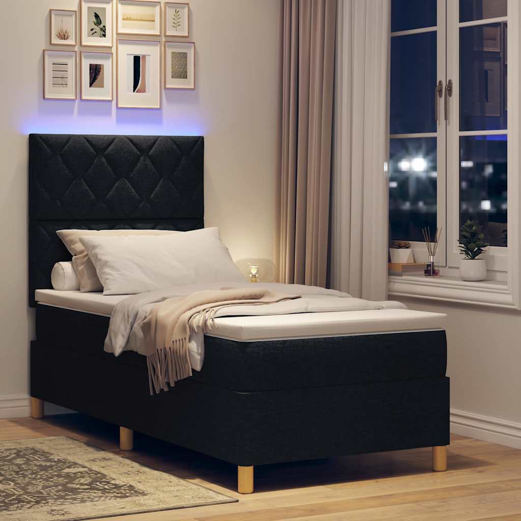 vidaXL Łóżko z sprężyną LED Z zagłówkiem Czarny 90 x 200 cm tkanina