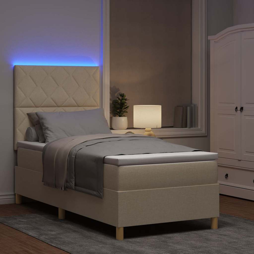 vidaXL Łóżko z sprężyną LED Z zagłówkiem Kremowy 90 x 200 cm tkanina