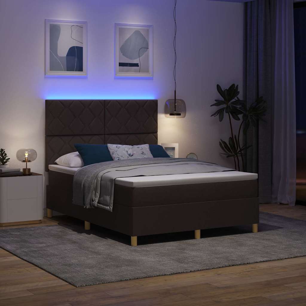 vidaXL Łóżko z sprężyną LED Ciemny brąz 140 x 200 cm tkanina
