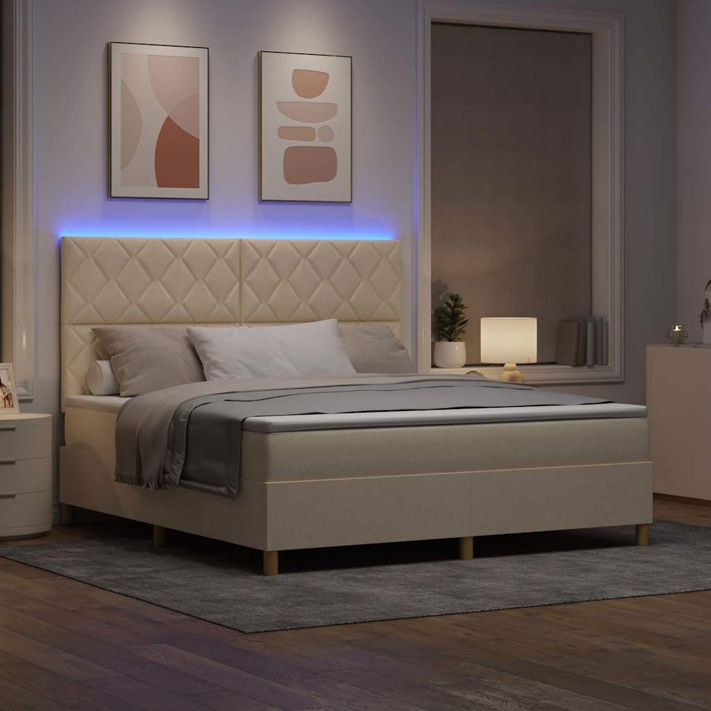 vidaXL Łóżko z sprężyną LED Z zagłówkiem Kremowy 180 x 200 cm tkanina
