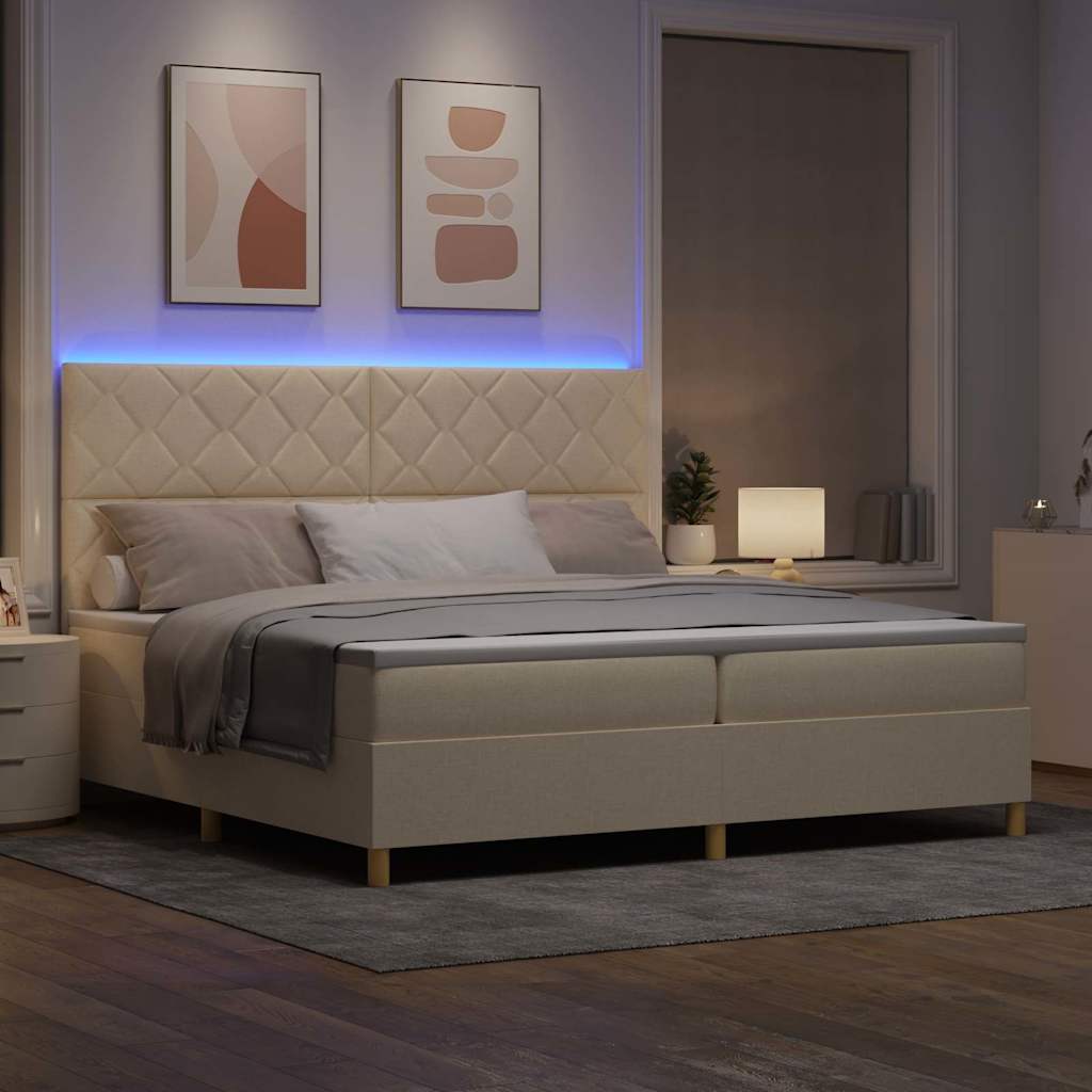 vidaXL Łóżko z sprężyną LED z materacem Kremowy 200 x 200 cm tkanina
