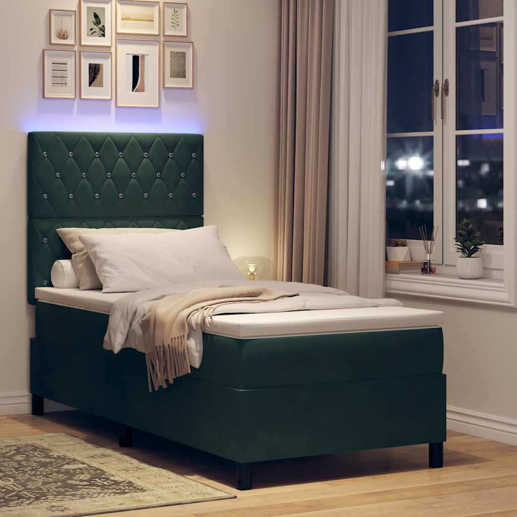 vidaXL Łóżko z sprężyną LED Ciemna zieleń 90 x 190 cm Aksamit