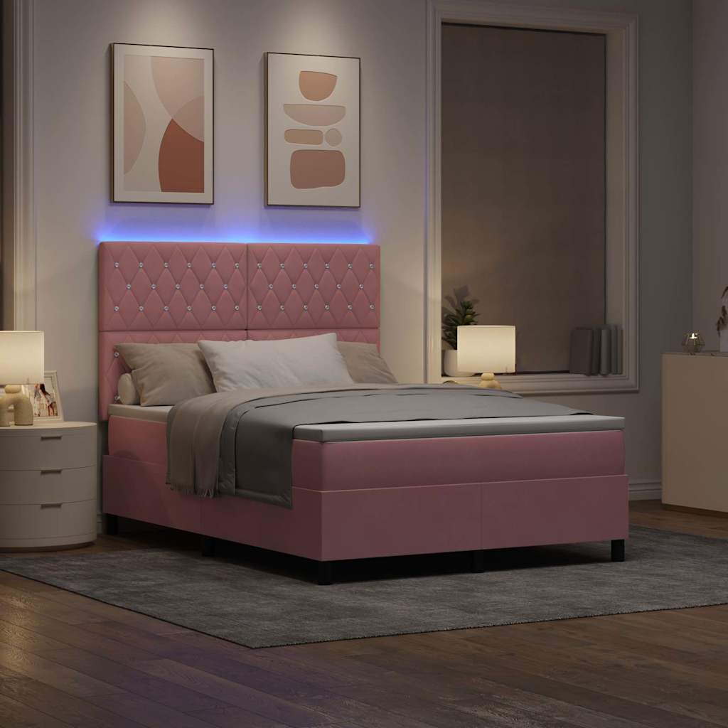 vidaXL Łóżko z sprężyną LED z materacem Różowy 140 x 190 cm Aksamit