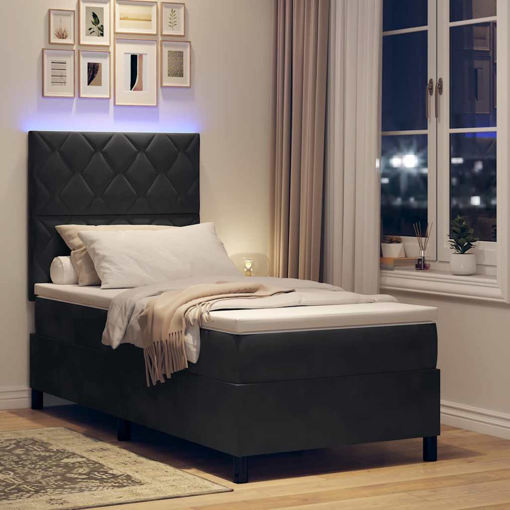 vidaXL Łóżko z sprężyną LED Z zagłówkiem Czarny 90 x 190 cm Aksamit