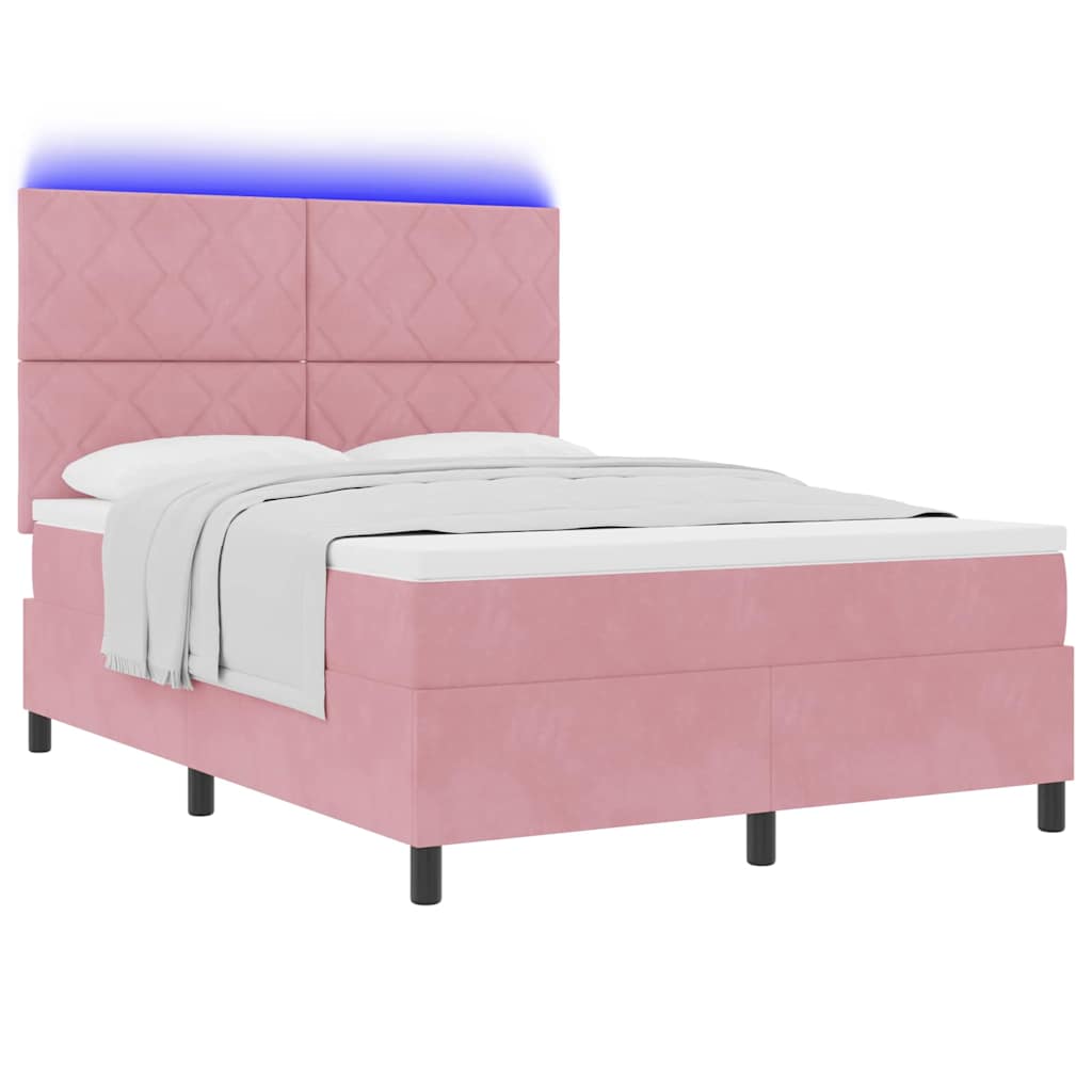 vidaXL Łóżko z sprężyną LED Z zagłówkiem Różowy 140 x 190 cm Aksamit