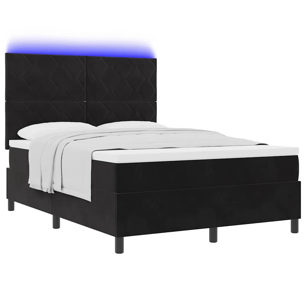 vidaXL Łóżko z sprężyną LED Z zagłówkiem Czarny 140 x 200 cm Aksamit