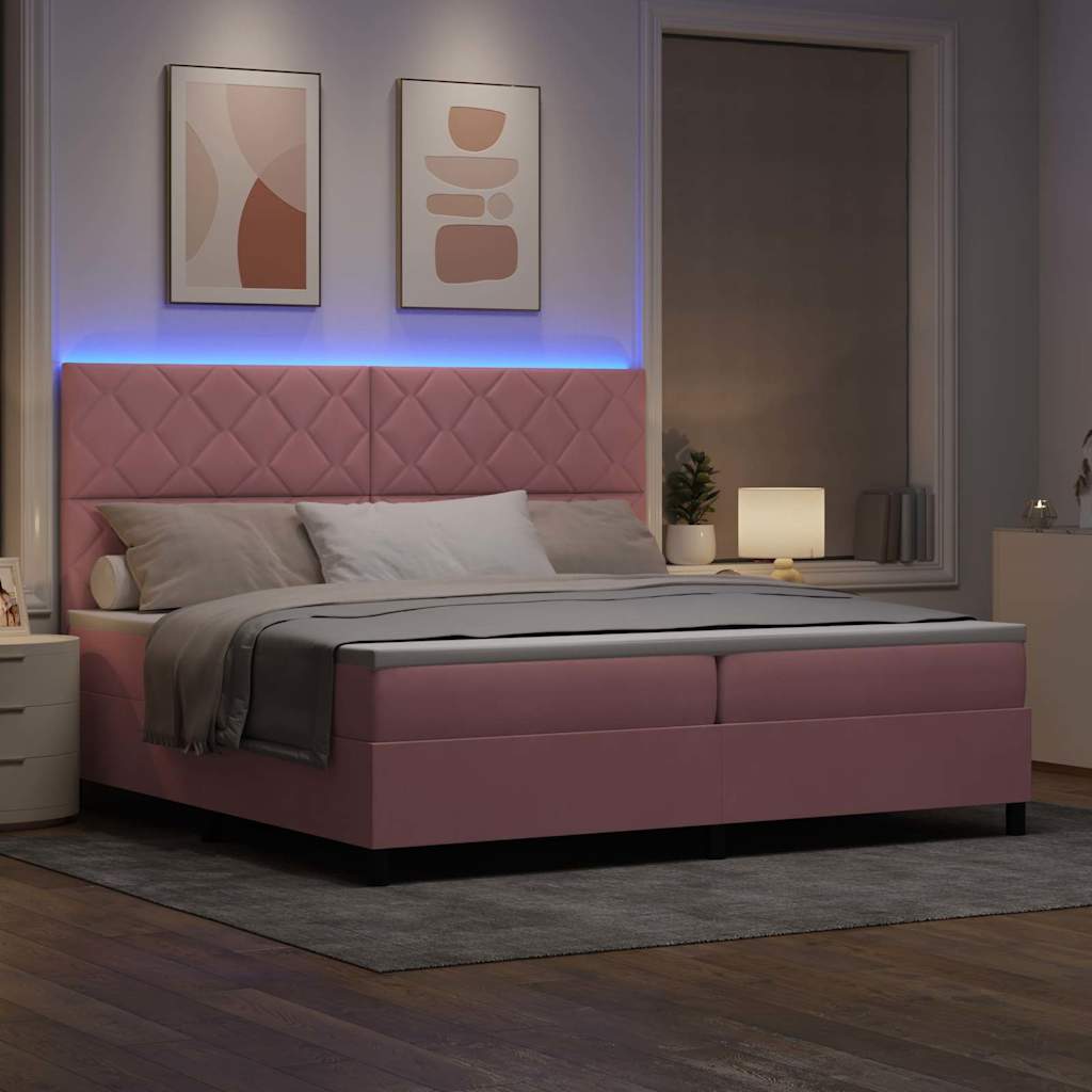 vidaXL Łóżko z sprężyną LED Z zagłówkiem Różowy 200 x 200 cm Aksamit