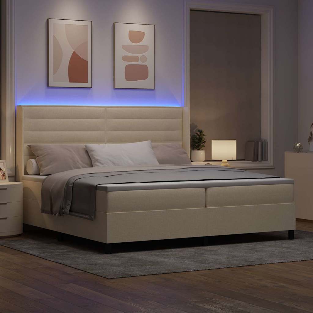 vidaXL Łóżko z sprężyną LED z materacem Kremowy 200 x 200 cm tkanina