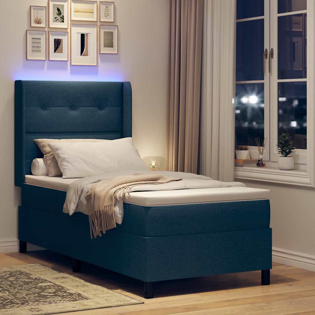 vidaXL Łóżko z sprężyną LED Z zagłówkiem Niebieski 90 x 200 cm tkanina