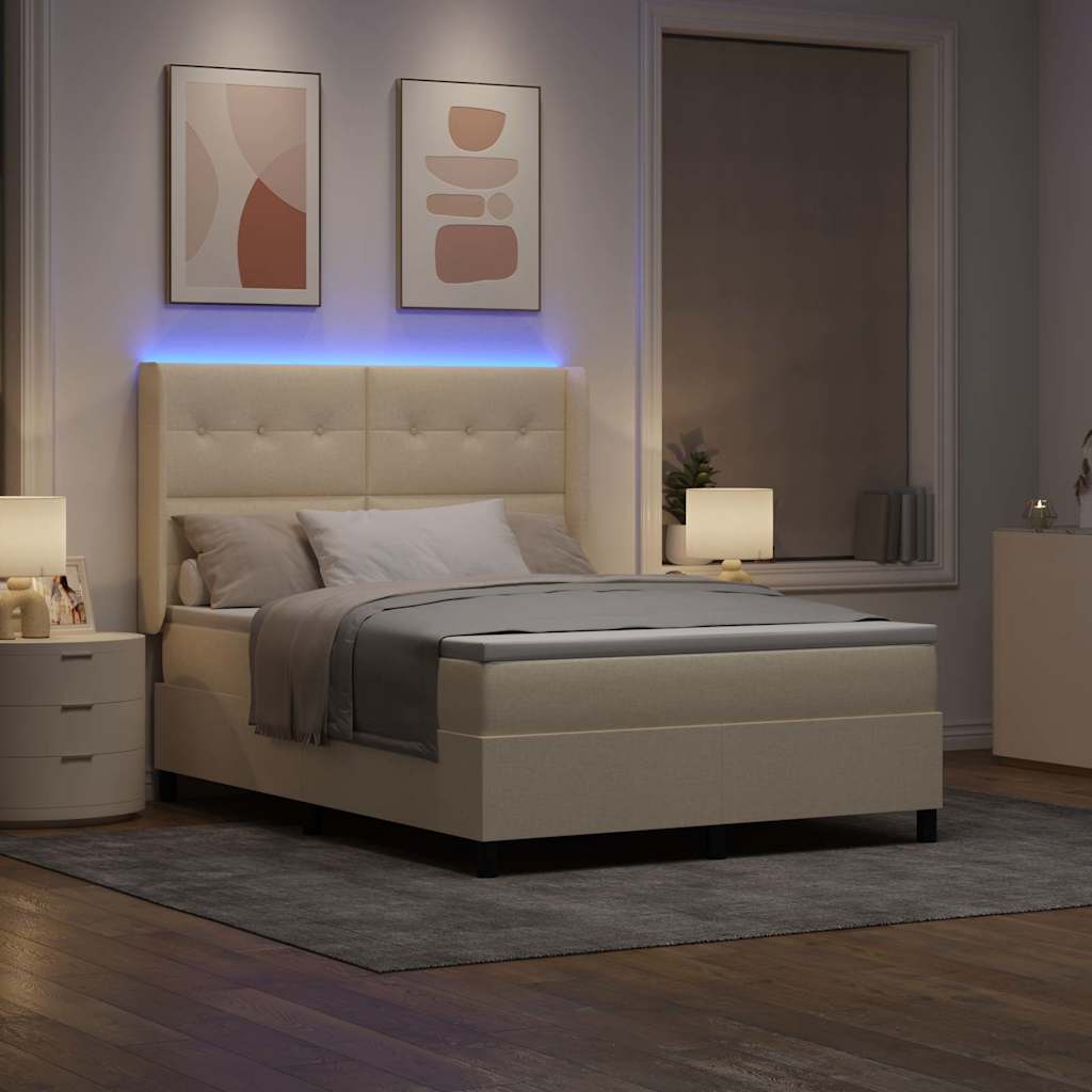 vidaXL Łóżko z sprężyną LED Z zagłówkiem Kremowy 160 x 200 cm tkanina