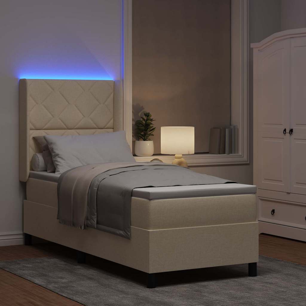 vidaXL Łóżko z sprężyną LED Z zagłówkiem Kremowy 90 x 190 cm tkanina
