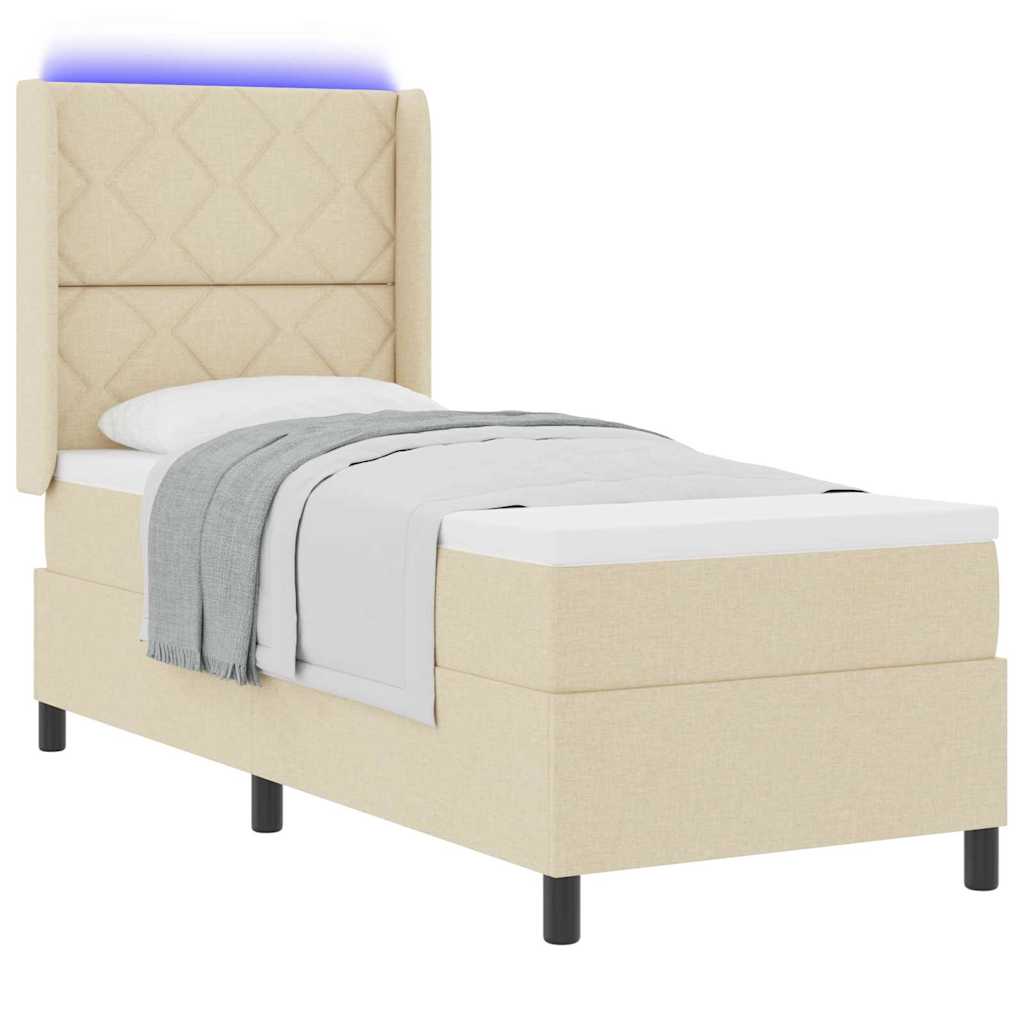 vidaXL Łóżko z sprężyną LED Z zagłówkiem Kremowy 90 x 190 cm tkanina