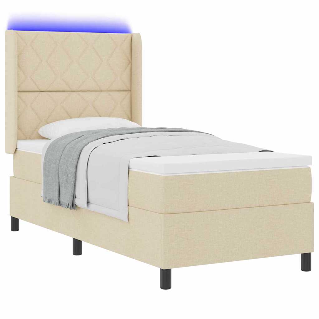 vidaXL Łóżko z sprężyną LED Z zagłówkiem Kremowy 90 x 200 cm tkanina