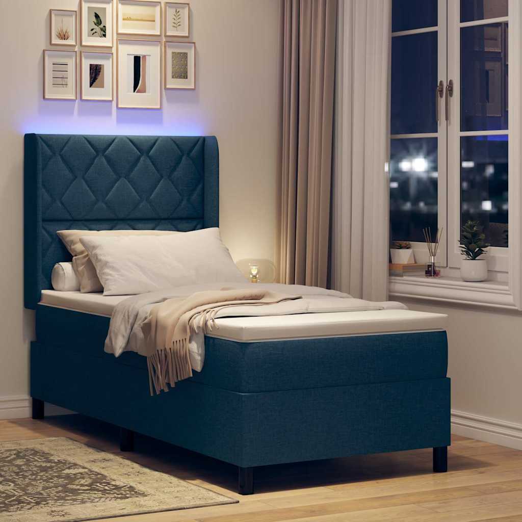 vidaXL Łóżko z sprężyną LED Z zagłówkiem Niebieski 90 x 200 cm tkanina