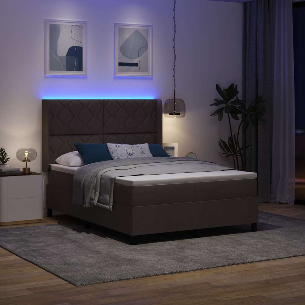 vidaXL Łóżko z sprężyną LED Ciemny brąz 140 x 200 cm tkanina