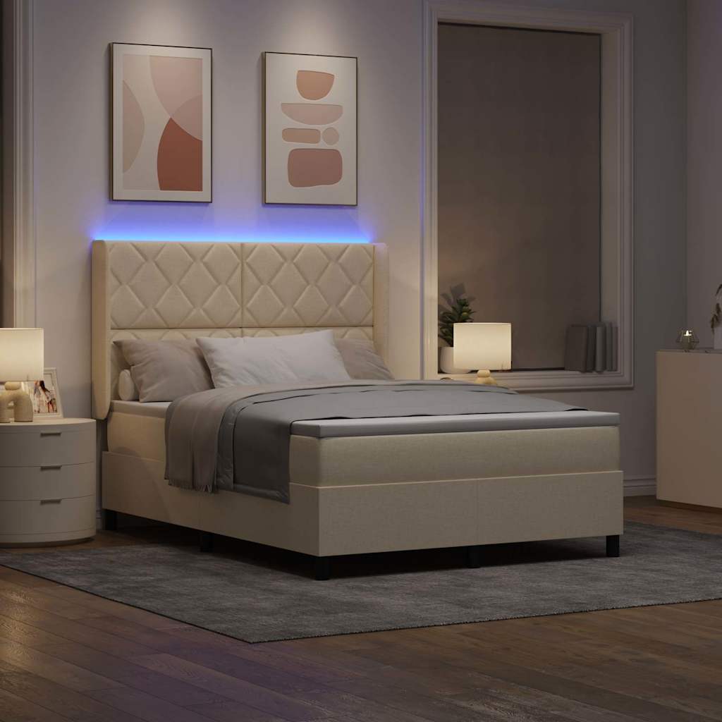 vidaXL Łóżko z sprężyną LED Z zagłówkiem Kremowy 160 x 200 cm tkanina
