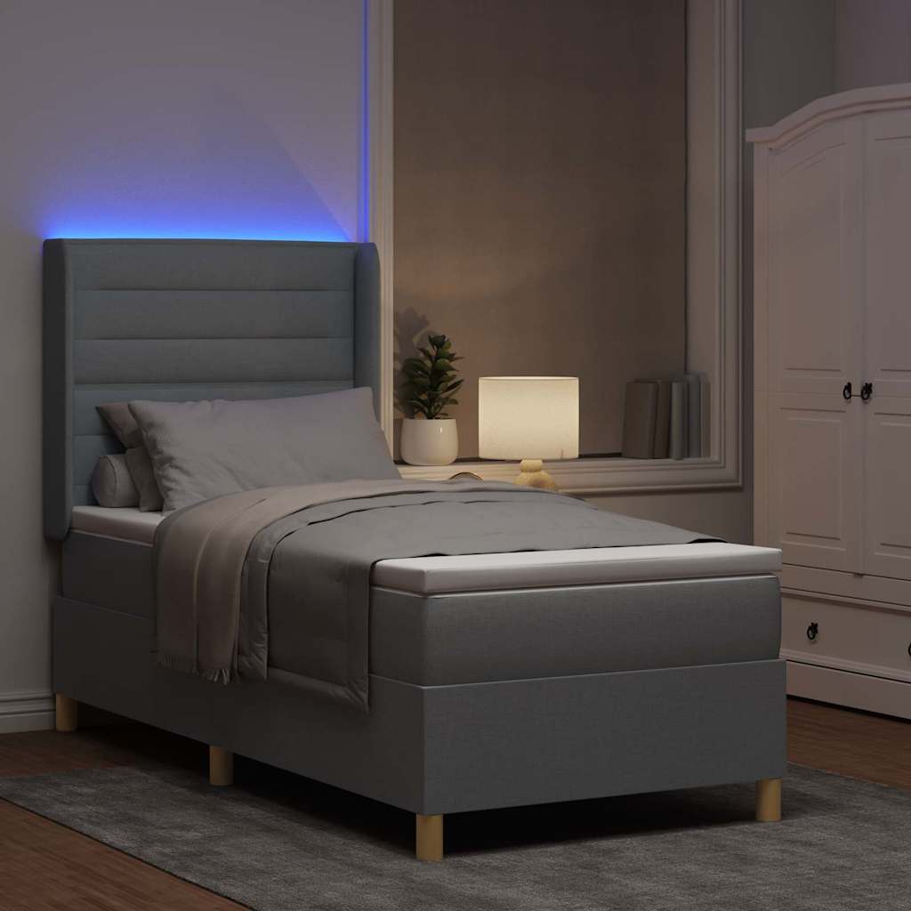 vidaXL Łóżko sprężynowe z paskami LED Jasnoszary 90 x 190 cm tkanina