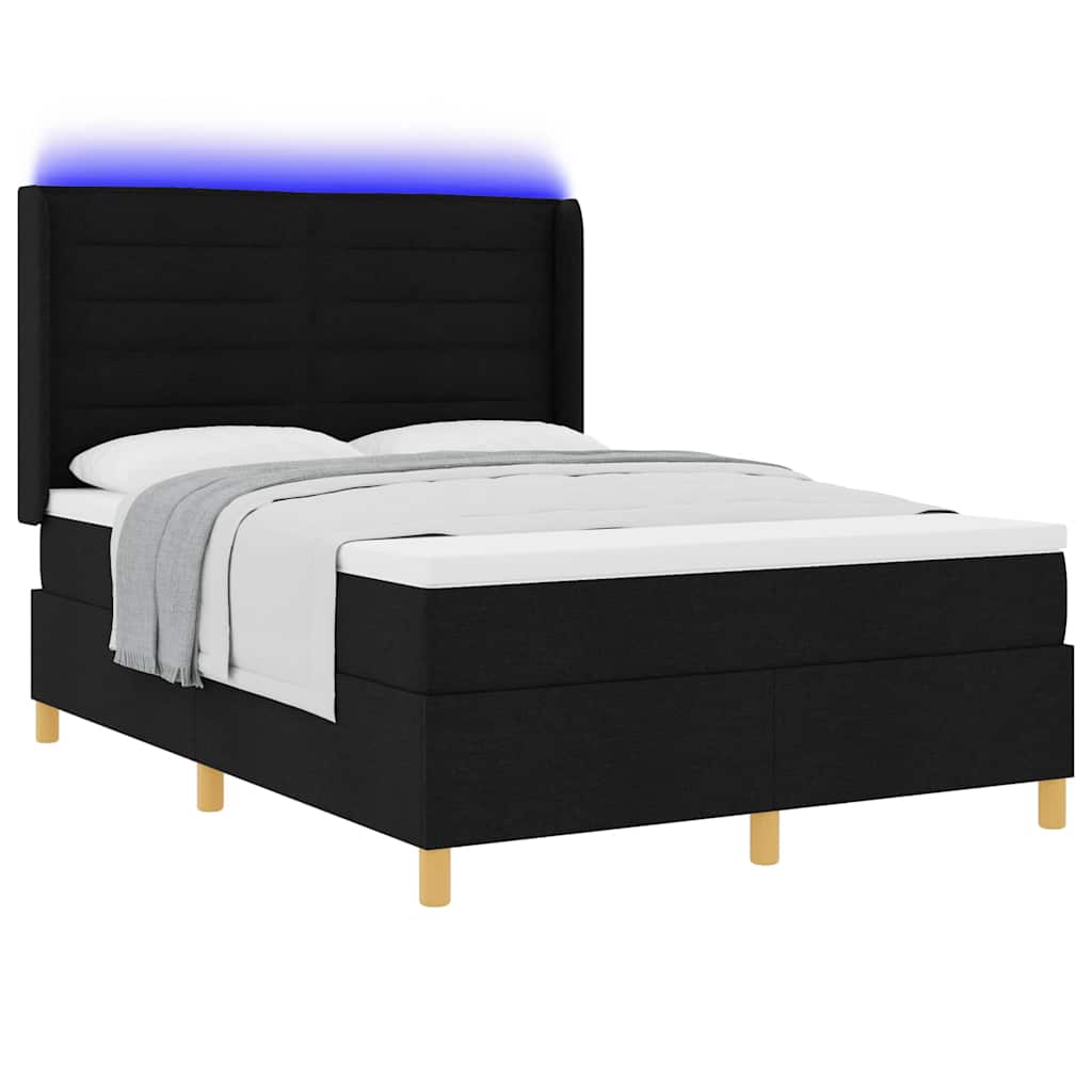 vidaXL Łóżko sprężynowe z paskami LED Czarny 140 x 200 cm tkanina