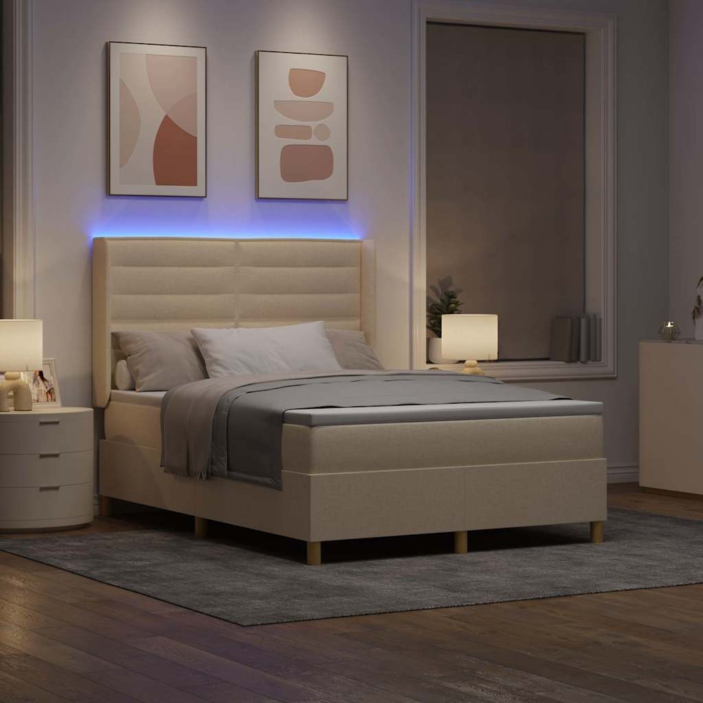 vidaXL Łóżko sprężynowe z paskami LED Kremowy 160 x 200 cm tkanina