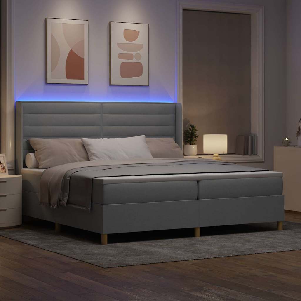 vidaXL Łóżko sprężynowe z paskami LED Jasnoszary 200 x 200 cm tkanina