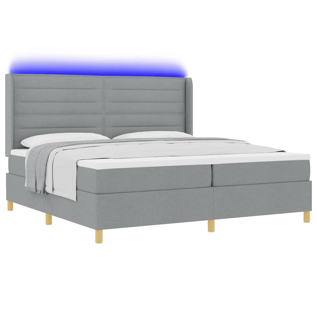 vidaXL Łóżko sprężynowe z paskami LED Jasnoszary 200 x 200 cm tkanina