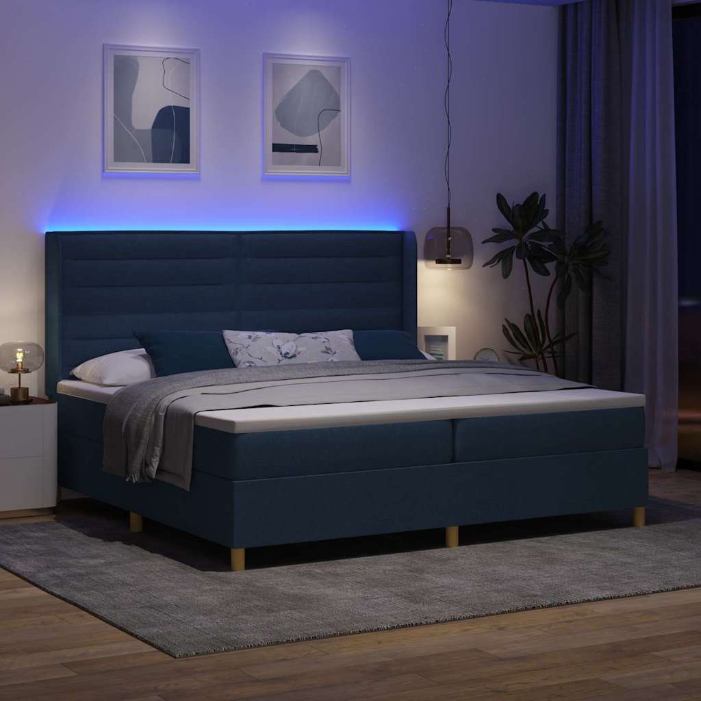 vidaXL Łóżko sprężynowe z paskami LED Niebieski 200 x 200 cm tkanina
