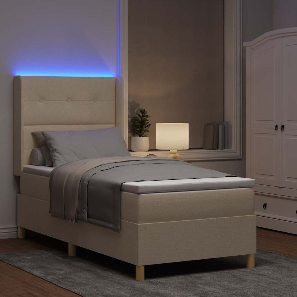 vidaXL Łóżko sprężynowe z paskami LED Kremowy 90 x 200 cm tkanina