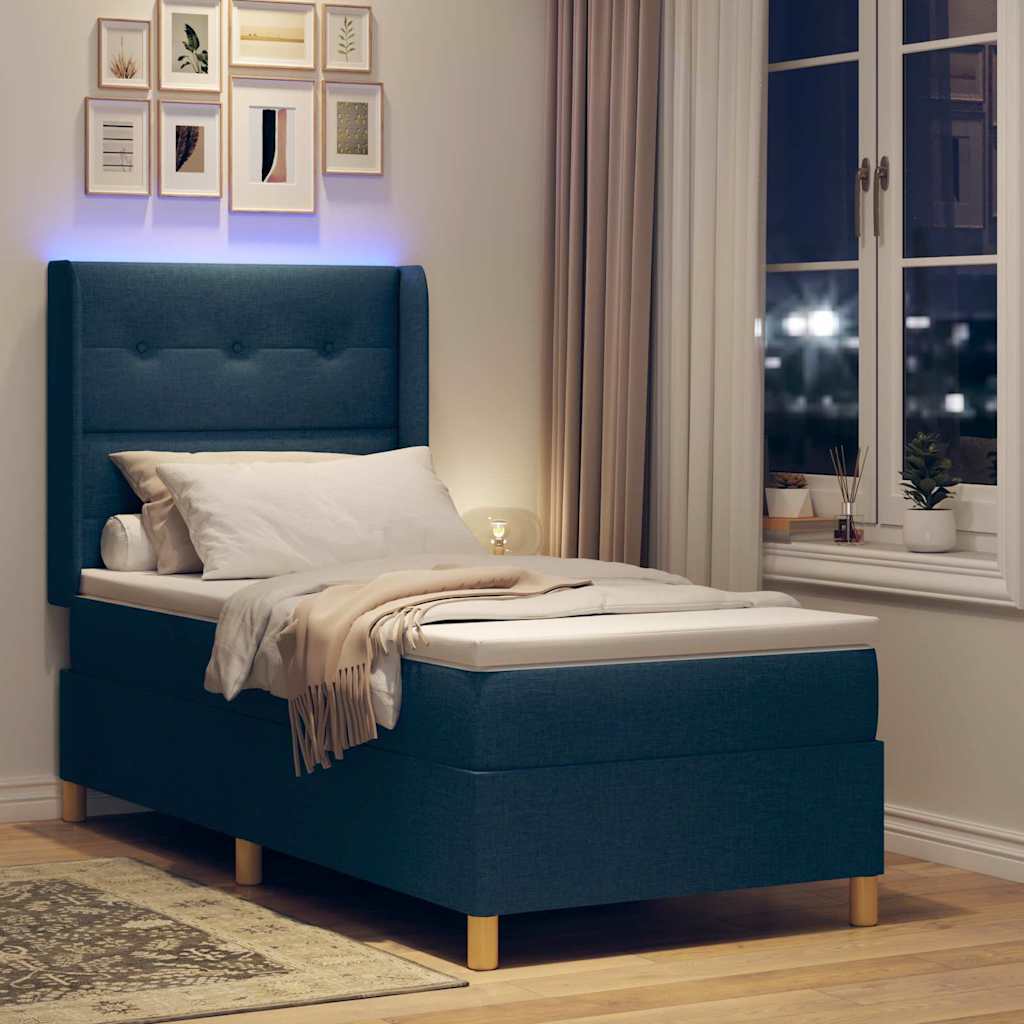 vidaXL Łóżko sprężynowe z paskami LED Niebieski 90 x 200 cm tkanina
