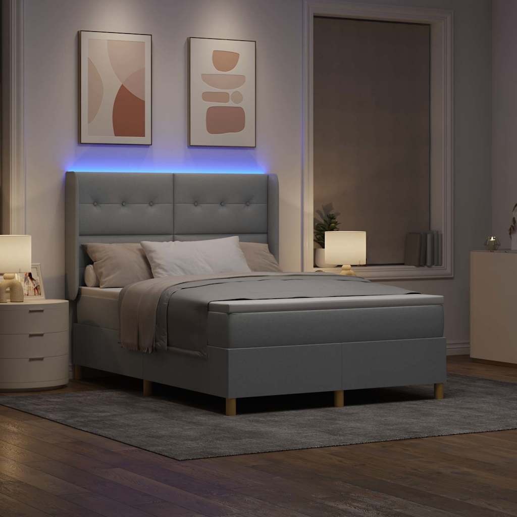 vidaXL Łóżko sprężynowe z paskami LED Jasnoszary 140 x 200 cm tkanina