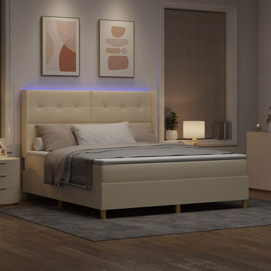 vidaXL Łóżko sprężynowe z paskami LED Kremowy 180 x 200 cm tkanina