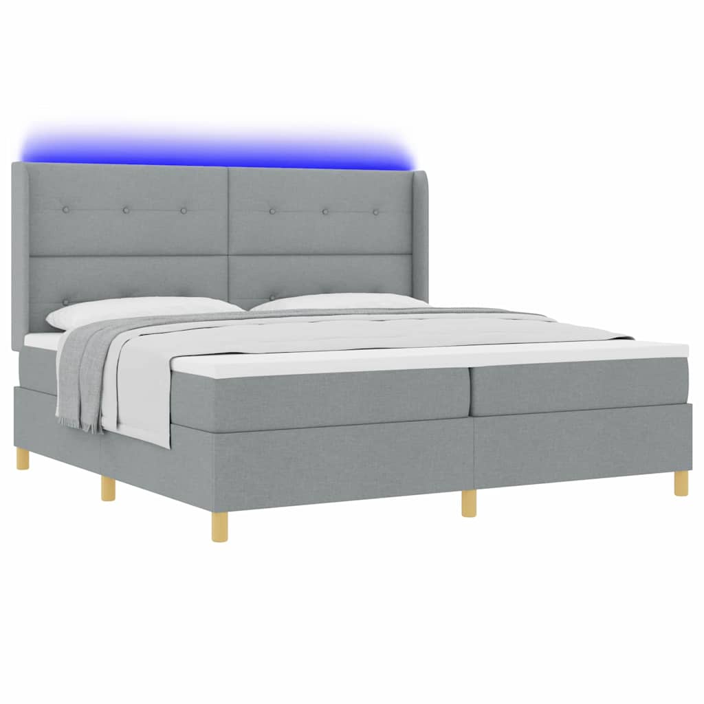vidaXL Łóżko sprężynowe z paskami LED Jasnoszary 200 x 200 cm tkanina