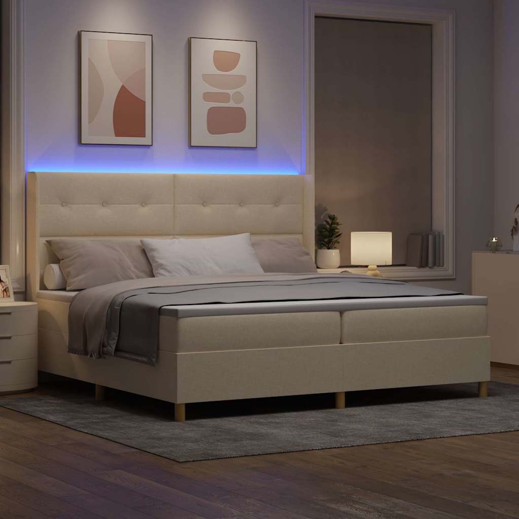 vidaXL Łóżko sprężynowe z paskami LED Kremowy 200 x 200 cm tkanina