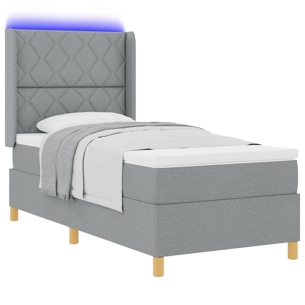 vidaXL Łóżko sprężynowe z paskami LED Jasnoszary 90 x 190 cm tkanina