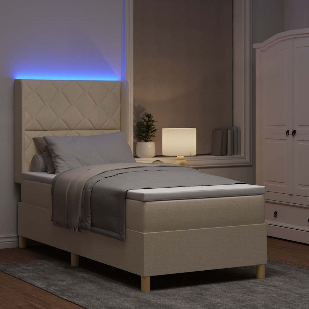 vidaXL Łóżko sprężynowe z paskami LED Kremowy 90 x 190 cm tkanina