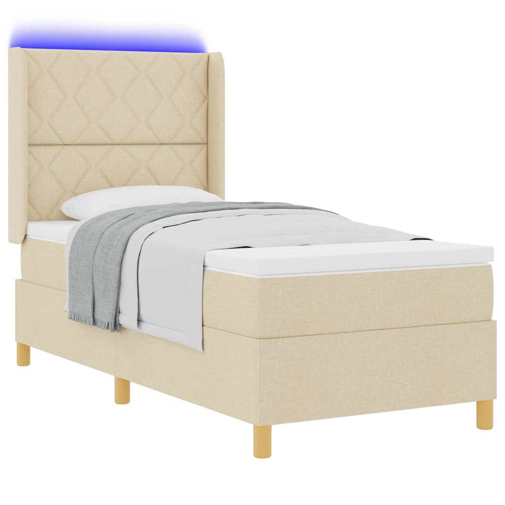 vidaXL Łóżko sprężynowe z paskami LED Kremowy 90 x 190 cm tkanina