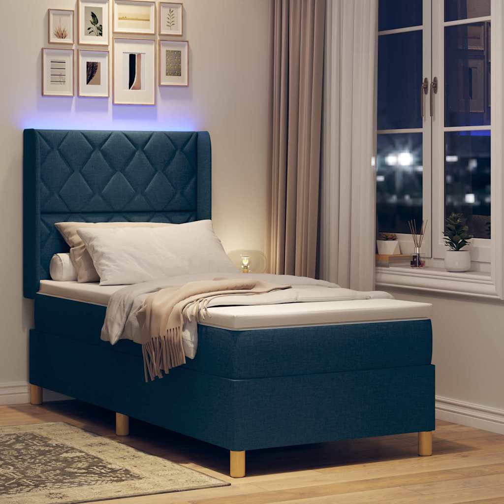 vidaXL Łóżko sprężynowe z paskami LED Niebieski 90 x 190 cm tkanina