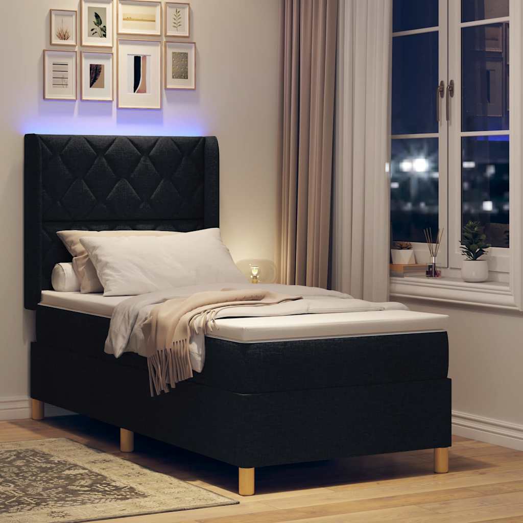 vidaXL Łóżko sprężynowe z paskami LED Czarny 90 x 200 cm tkanina