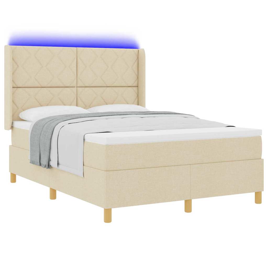 vidaXL Łóżko sprężynowe z paskami LED Kremowy 140 x 190 cm tkanina