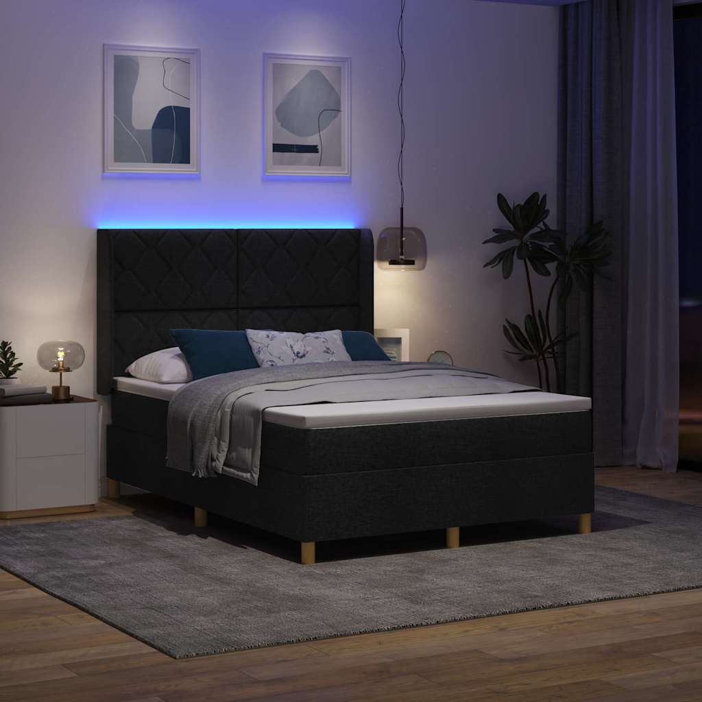 vidaXL Łóżko sprężynowe z paskami LED Czarny 140 x 200 cm tkanina