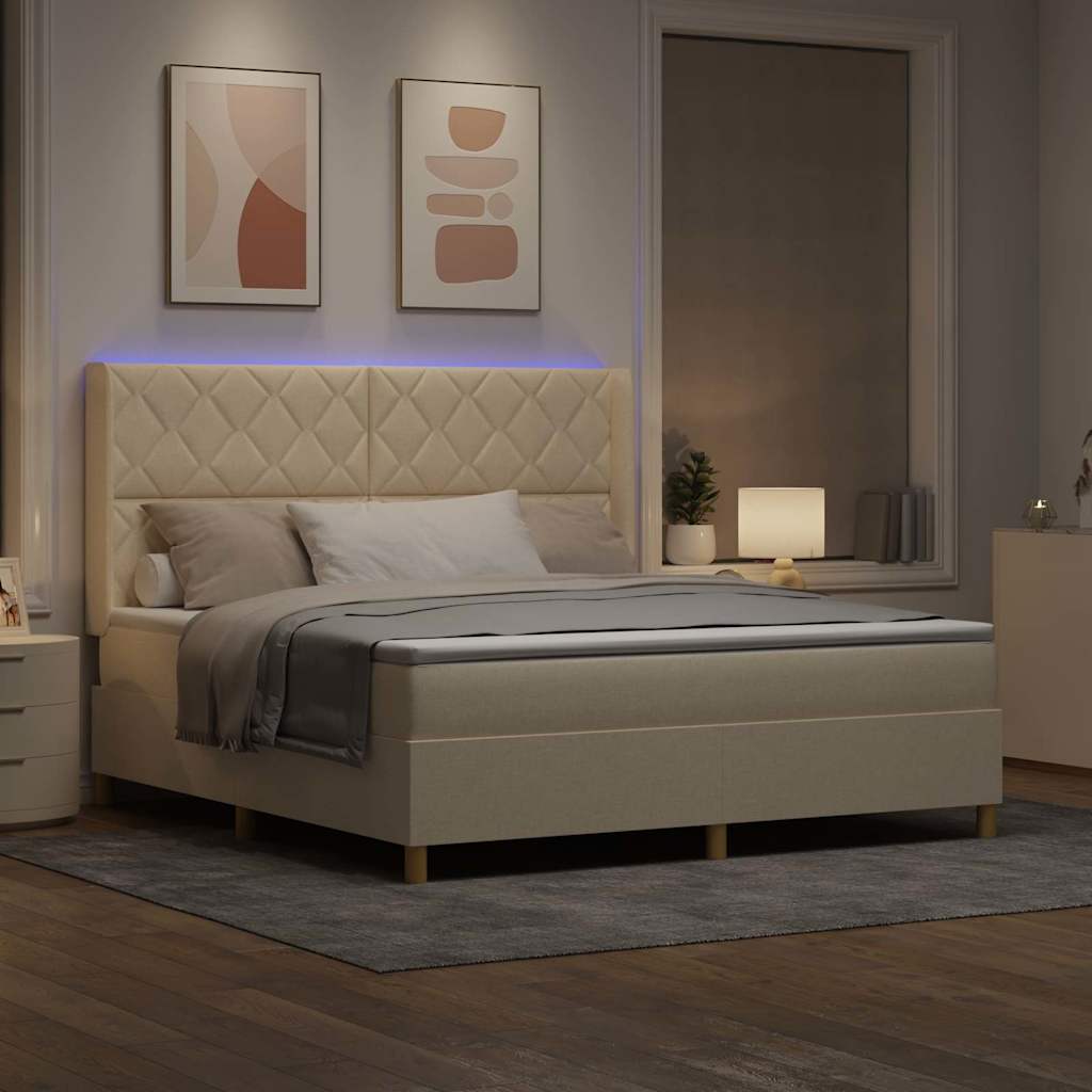 vidaXL Łóżko sprężynowe z paskami LED Kremowy 180 x 200 cm tkanina